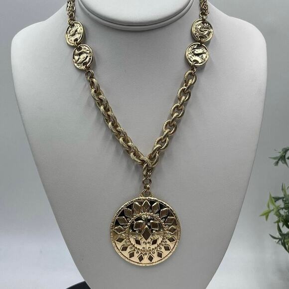 Chicos Chain Link Coin Station Round Rhinestone accent Pendant Necklace - Picture 1 of 12